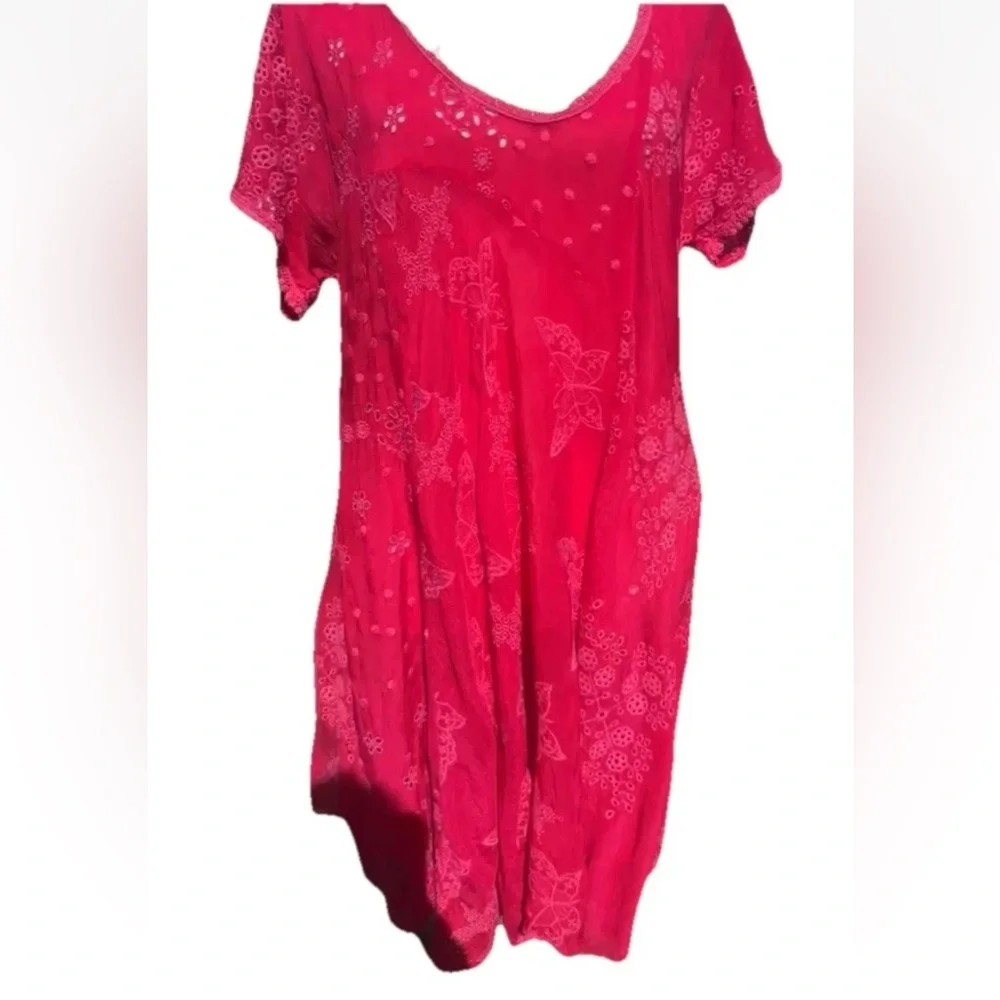 John Was Embroidered Butterfly Fuchsia PinkEyelet Short Sleeve Tunic Top Dress - Picture 9 of 10